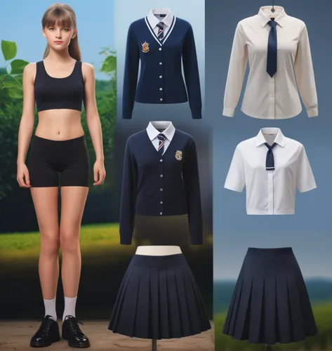 Paper doll British school girl in black sleeveless shirt ,black tight fit spandex shorts with black sock and black shoe standing surrounded by with a set of british school uniform, shirt, grey pleated