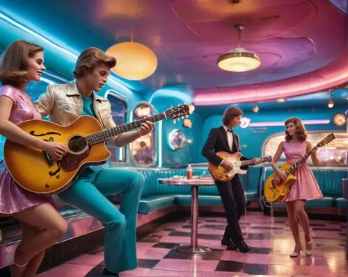 A musician with his guitar play rock 'n roll in a space diner, while two teenage girls dance around him.. Very 1960s style. The background is a space diner, in an alien planet. ,retro diner,ice cream 