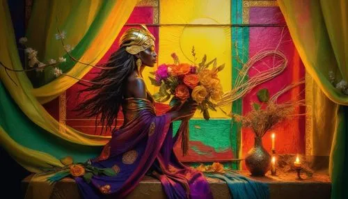 Elegant Fantasy of Shiva,a painting of a woman with a beautiful hairstyle,thranduil,kefka,radhakrishna,colorful tree of life,stage curtain,the carnival of venice,Photography,Artistic Photography,Artis