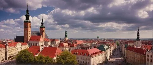 Historic cityscape, Polish Renaissance style, ornate facades, grand clock tower, intricate stone carvings, vibrant colored rooftops, Baroque details, Gothic spires, red tile roofs, cobblestone streets