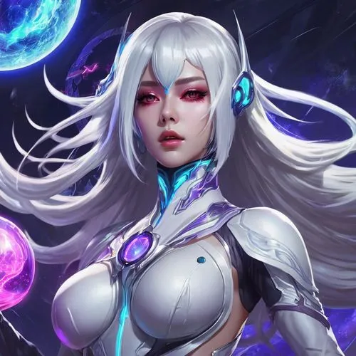 Hero - original Novaria from MOBILE LEGENDS (by Moonton) in white hero-suit with neon gloves. her hairstyle look like A2 from neir automata (with white long loose straight hairs). she has a flying met