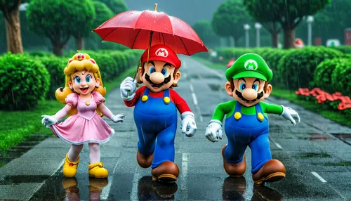 super mario brothers,mario bros,luigi,super mario,mario,walking in the rain,toadstools,game characters,rain stoppers,in the rain,nintendo,umbrellas,rainy day,mushroom hat,raindops,club mushroom,3d render,toadstool,cartoon video game background,monsoon banner