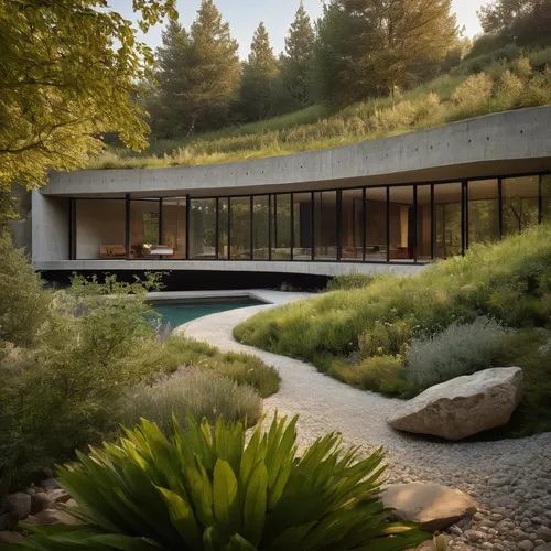 dunes house,house in the mountains,modern house,mid century house,house in mountains,modern architecture,beautiful home,grass roof,mid century modern,home landscape,roof landscape,house by the water,a