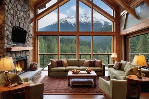 the cabin in the mountains,house in the mountains,house in mountains,alpine style,coziness,log cabin,shuksan,chalet,british columbia,beautiful home,cabin,lodge,wood window,sunroom,banff,living room,big window,family room,banff alberta,livingroom,Illustration,Realistic Fantasy,Realistic Fantasy 14