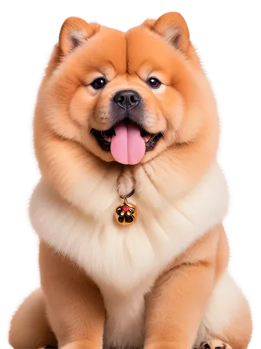 Chow Chow, cute, fluffy, white fur, pink tongue, black eyes, sitting, front view, paws together, red collar with golden bell, soft focus, warm lighting, shallow depth of field, pastel color tone, 3/4 