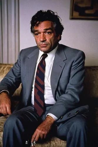 Peter Falk, Columbo detective, middle-aged, worn-out expression, lazy right eye, thick eyebrows, wrinkled forehead, grey suit, white shirt, loose tie, holding a cigar, sitting on a couch, 1970s-style 