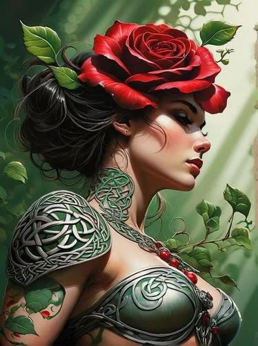 celtic queen,fantasy art,red rose,red roses,warrior woman,thorns,female warrior,elven flower,background ivy,flamenca,dryad,body painting,tuatha,red skin,faery,way of the roses,polynesian girl,fantasy portrait,fantasy woman,rose flower illustration,Conceptual Art,Oil color,Oil Color 04