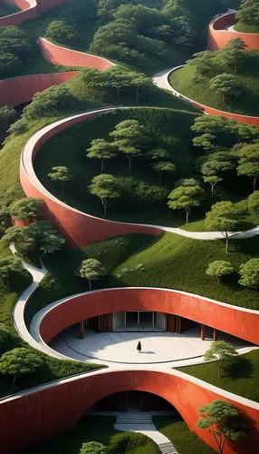 architectural plan for a building of (Song dynasty:1.2), red walls, round waving shape, (Tadao Ando style: 1.3),  inspired by Zha Shibiao, conceptual art, rammed earth courtyard, buddhist architecture