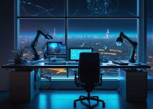 Fake AI generator, futuristic laboratory, sleek metal desk, wires tangled behind, multiple screens displaying codes, robotic arm extending from the side, bright LED lights, neon blue glow, intricate c