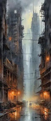 destroyed city,dystopian,postapocalyptic,cityscape,world digital painting,dystopias,post-apocalyptic landscape,dystopia,post apocalyptic,cyberpunk,apocalyptic,metropolis,deluge,hanoi,dystopic,urbanworld,apocalypse,ciudad,mist,ancient city,Illustration,Paper based,Paper Based 24