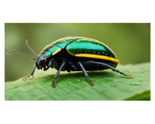 Insect, beetle, free, bug, macro photography, shiny exoskeleton, compound eyes, delicate legs, antennae, natural habitat, green leaf, forest floor, morning dew, soft focus, 1/2 composition, warm color