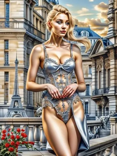 agent provocateur,paris balcony,paris clip art,paris,image manipulation,femme fatale,blonde woman,photoshop manipulation,female model,french valentine,photo manipulation,watercolor paris balcony,art nouveau,femininity,marylyn monroe - female,venus,bodypaint,art model,world digital painting,eiffel