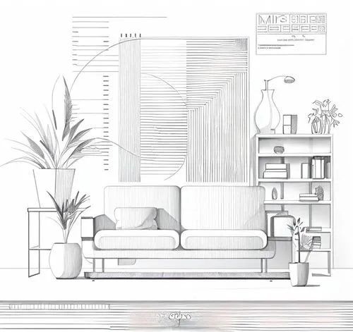 a living room with a couch, bookcase and potted plants,background vector,sketchup,interiors,sofaer,wireframe graphics,furniture,Design Sketch,Design Sketch,Fine Line Art