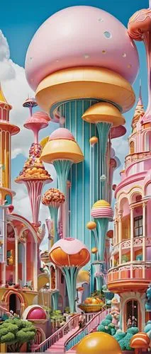 lazytown,fantasy city,candyland,imaginationland,toontown,fantasy world,jetsons,teacups,dreamsville,mushroom island,fairy world,mushroom landscape,futuristic landscape,ecotopia,popeye village,munchkinland,cartoon video game background,imagineering,skylands,wonderlands,Illustration,Retro,Retro 21