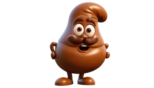 Cartoon poop, 3D rendering, brown color, swirly texture, rounded shape, glossy finish, humorous expression, playful composition, vibrant colors, exaggerated features, comedic lighting.,potato characte