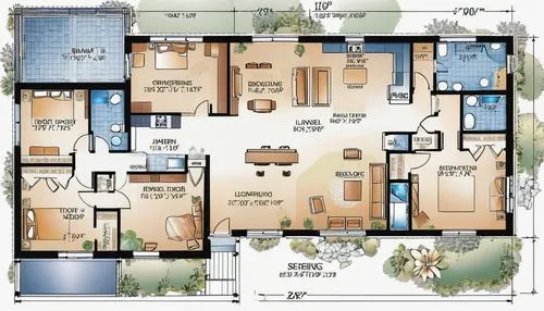 Blueprint, floor plan of a ranch style bungalow, two bedroom, Master bedroom, den, living, dining, office, kitchen, 2 1/2 bath, two car garage,  fine ink, detailed, Broken Glass effect, no background,