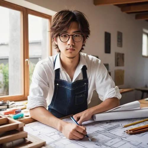 Architecture student, holding model, serious facial expression, glasses, messy brown hair, casual wear, jeans, white shirt, black apron, pencil in hand, standing, studio, desk with drafts, rolled blue