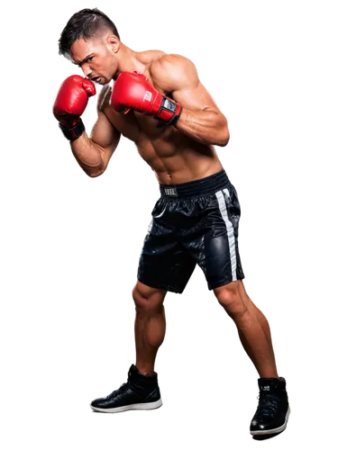 Muscular man, boxing gloves, intense facial expression, sweat droplets, ripped boxing shorts, athletic shoes, dynamic pose, punching action, focused eyes, dramatic lighting, 3/4 composition, shallow d