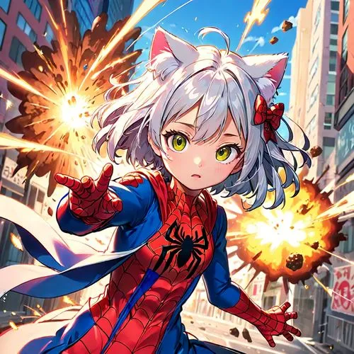 Hello kitty with spider-man suit, and explosion behind her,an anime character in front of a firework,superhero background,tsogo,sakamaki,wakamiya,arachnophobia,towa,Anime,Anime,Realistic