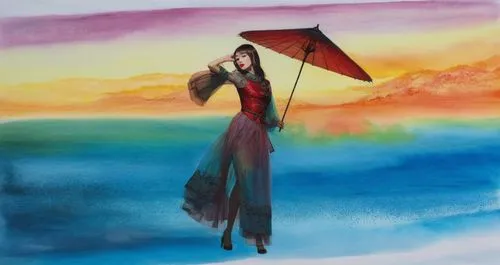 watercolor women accessory,summer umbrella,umbrella,woman walking,watercolorist,fisherwoman,Illustration,Japanese style,Japanese Style 18