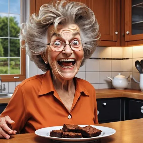 hyper-detail, whimsical caricature of an elderly woman messy hair slightly red glassy eyes dressed in a baggy orange shirt and black tights. She is sitting at the table with a huge plate of brownies i