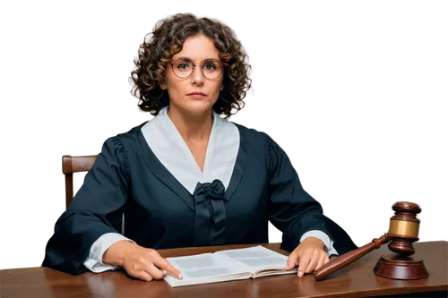 judge, mature lady, solo, (40yo), serious facial expression, glasses, curly brown hair, formal makeup, white shirt, black robe, holding gavel, sitting, wooden desk, dramatic lighting, shallow depth of