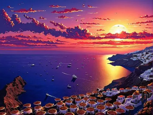 santorini sunset,a very colorful sky over the ocean with boats and sunsets,aegean sea,the mediterranean sea,greek island,greek islands,mushroom island,ionian sea,Illustration,Realistic Fantasy,Realist