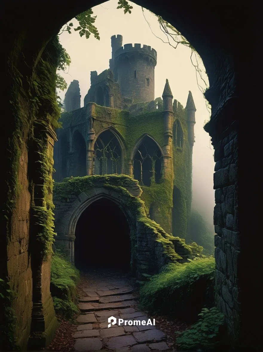 Mysterious, ancient, ruined Quentin castle, Gothic architecture, worn stone walls, overgrown with vines, moss-covered towers, broken stained glass windows, eerie fog surrounding, misty atmosphere, aba