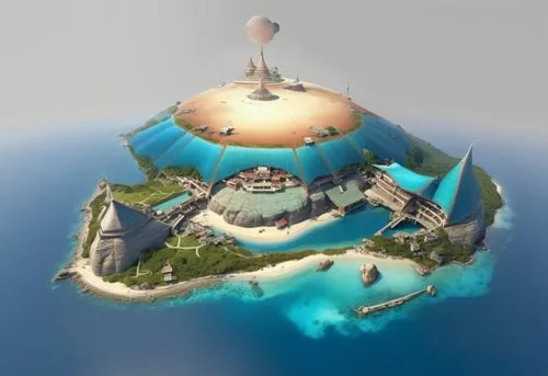 a small island that has some water around it,floating island,artificial islands,floating islands,flying island,island suspended,mushroom island,Photography,General,Realistic