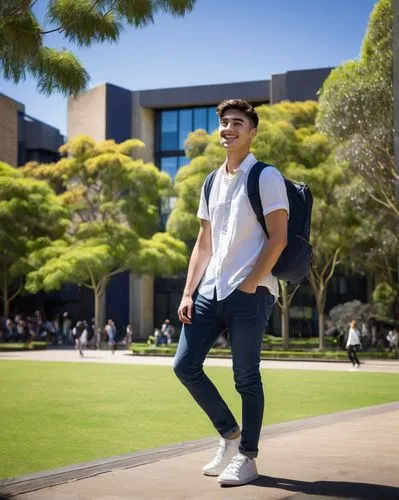 Male, young adult, 20s, casual wear, white shirt, dark blue jeans, sneakers, backpack, Melbourne University, Bachelor of Design Architecture, campus, modern buildings, greenery, sunny day, gentle bree