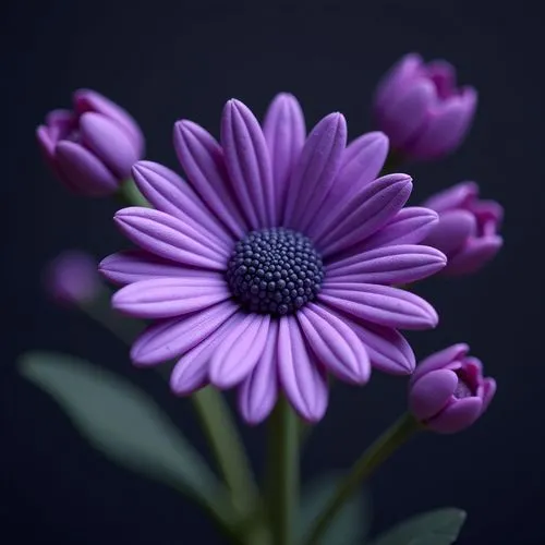 The image features a close-up of a single purple daisy against a dark, blurred background. The daisy's petals are a vibrant purple hue with slight variations in tint, radiating symmetrically from a da