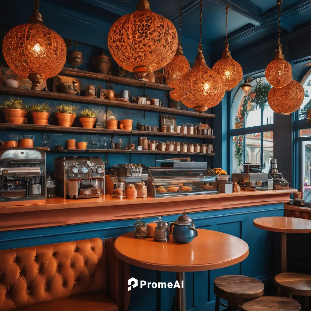 Interior design of a coffee shop, maximalist style, dusk blue and terracotta and cantaloupe color,the coffee shop,copper cookware,blue coffee cups,tile kitchen,chefs kitchen,bar stools,paris cafe,salt