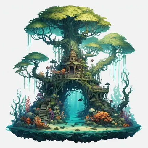 mushroom island,fairy house,underwater playground,mushroom landscape,tree house,floating island,Illustration,Abstract Fantasy,Abstract Fantasy 11