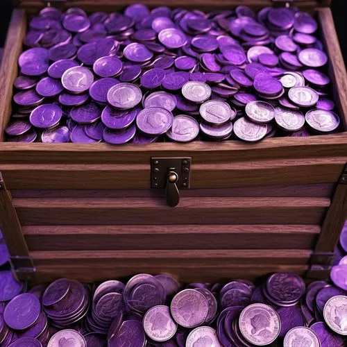 chest full of purple coins,treasure chest,music chest,a drawer,buttons,drawers,crate of fruit,pirate treasure,tokens,colored pins,bottle caps,tealights,button-de-lys,savings box,purple wallpaper,viole