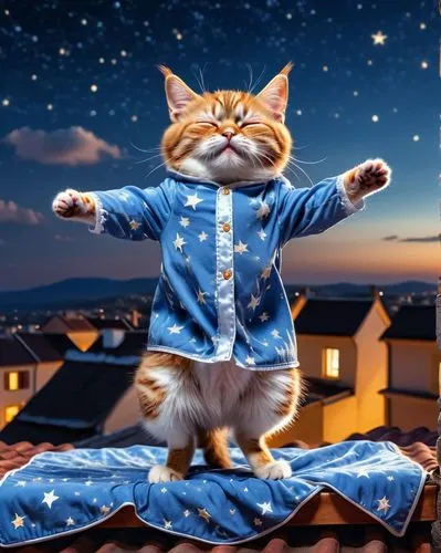  little tomcat closed eyes, sleeping with a nightgown and nightcap, upright on his hind legs standing sleepwalks over the edge of the roof , paws stretched parallel forward in the air, background nigh