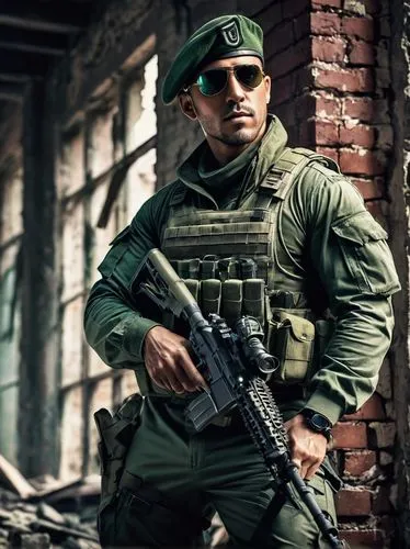 Special Ops, masculine, rugged, green military uniform, beret, aviator sunglasses, scar above left eyebrow, stubble, muscular arms, combat boots, holding a sniper rifle, crouching, urban warfare, aban