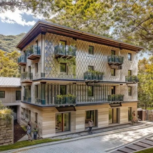 a two story building sitting in the middle of a park,merano,casa fuster hotel,villa balbianello,casabella,metsovo,lefay,Architecture,General,Modern,Mid-Century Modern