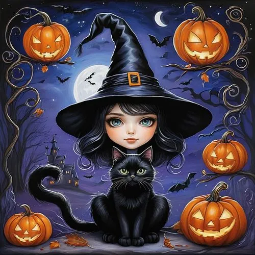 samhain,halloween cat,witch's hat icon,halloween black cat,celebration of witches,bewitching,Illustration,Abstract Fantasy,Abstract Fantasy 14