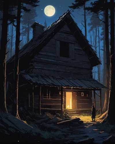 (In this desolate, moonlit forest, a solitary figure stands near the entrance of the dilapidated cabin. Their silhouette is barely visible, draped in tattered clothing, shoulders slumped with an air o