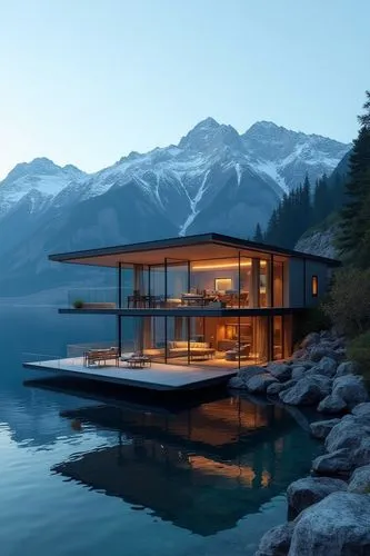 house by the water,house with lake,floating huts,house in the mountains,floating over lake,lake minnewanka