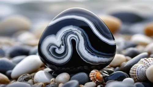 black sea agate, semi-precious stone, glossy finish, intricate banding patterns, white and grey swirls, crystal formation, beach pebbles, ocean waves crashing, seashells, driftwood, misty atmosphere, 