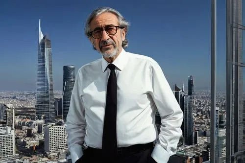 César Pelli, modern architect, 50yo, bespectacled, grey hair, beard, white shirt, black tie, dark suit, standing, designing, studio, urban background, cityscape, skyscrapers, blueprints, pencils, rule