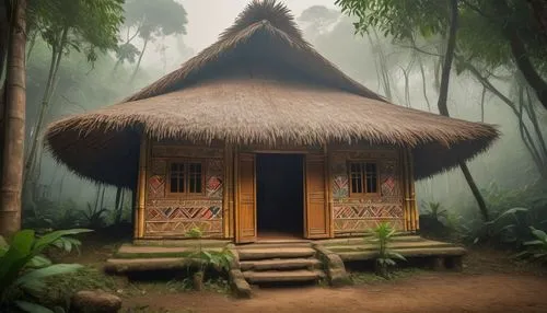 Traditional indigenous hut, tribal patterns, woven bamboo walls, thatched roof, wooden door, intricate carvings, colorful textiles, natural surroundings, lush green forest, misty atmosphere, soft warm