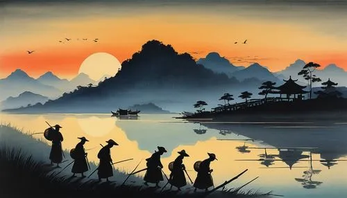 oriental painting,lijiang,guilin,yiping,yunnan,haicang,guizhou,wenzhao,haiping,yangshao,qingming,yonghao,yangshuo,sizhao,lianjiang,people fishing,japan landscape,jianying,huanglong,qinghe,Illustration,Japanese style,Japanese Style 21