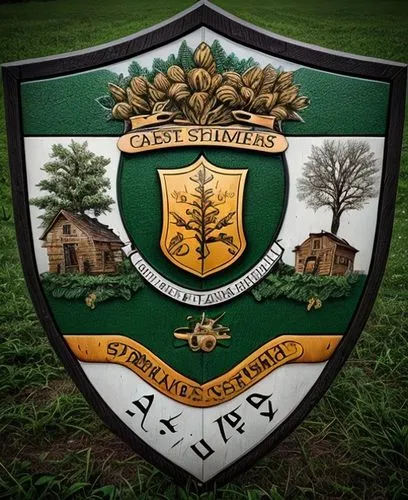 A coat of Arms whit 3 shares, tree, Axe, Field, Tractor and Potato Plant in the Sign
,crest,agricultural engineering,coat of arms,rs badge,ghana ghs,emblem,national coat of arms,state school,coat arms