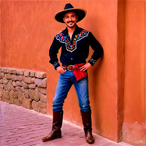 Mexican man, smiling face, dark skin, mustache, sombrero hat, colorful embroidered shirt, worn jeans, brown boots, relaxed posture, leaning against adobe wall, warm sunlight, soft focus, vibrant color