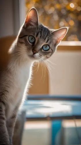 Um gato observador , lindo, de pelos brancos e cinza , com olhos azuis que brilham pelo sol da janela,blue eyes cat,european shorthair,cat with blue eyes,cat's eyes,cat image,cat frame,tonkinese,regar