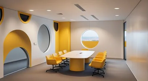 Conference room inside the office. There are two round windows, yellow chairs and a white table in the middle, a yellow circular company logo on the wall, cove lights and round pendant lights. The wal