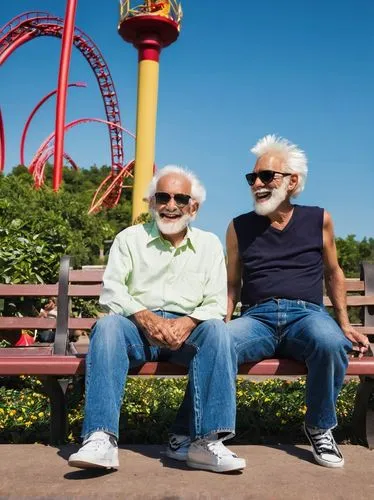 Old man, Six Flags, amusement park, white hair, beard, sunglasses, casual wear, denim jeans, sneakers, walking stick, relaxed posture, sitting on bench, looking at rollercoaster, excited facial expres