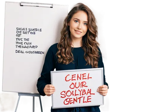 Motivational photo, young adult woman, smiling face, bright eyes, natural makeup, wavy brown hair, casual outfit, holding a whiteboard, inspirational quote written on it, gentle pose, morning sunlight